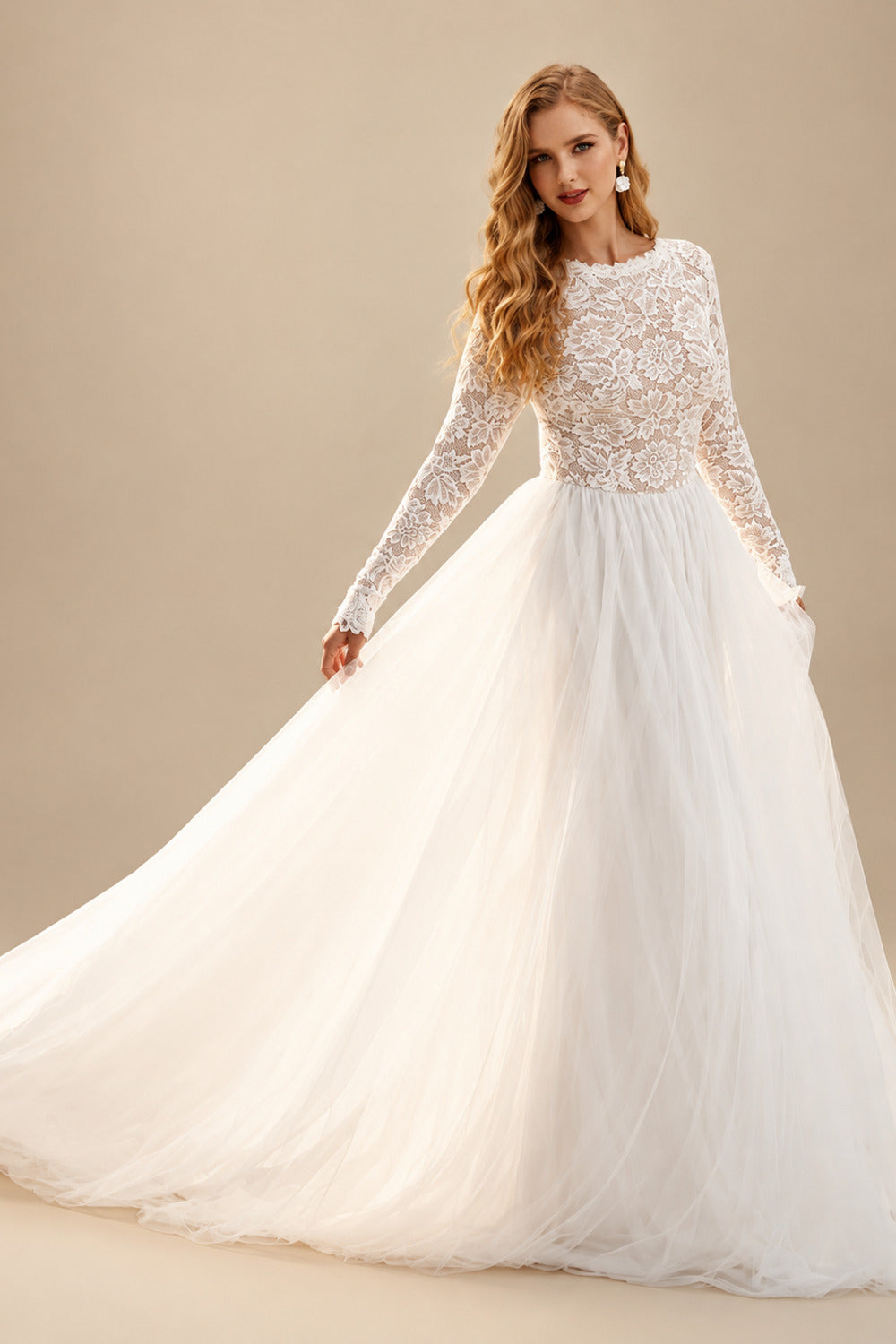 Rutipo As Picture Boho Beach Lace Tulle A-Line Wedding Dresses With Long Sleeves
