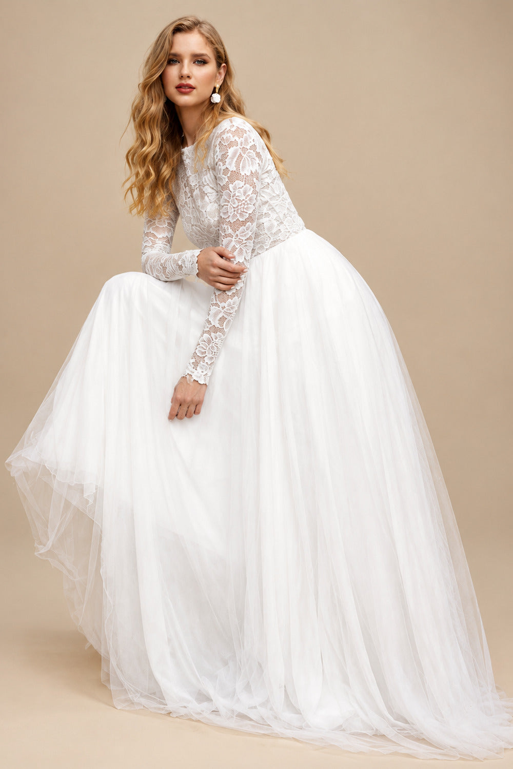 Rutipo As Picture Boho Beach Lace Tulle A-Line Wedding Dresses With Long Sleeves