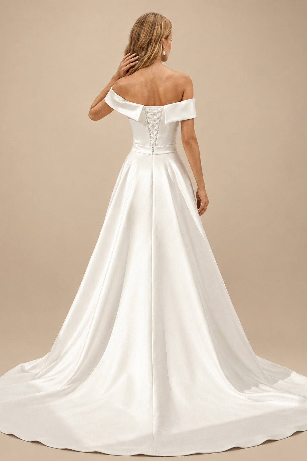 Rutipo Ivory Sheath Off-The-Shoulder Court Train Satin Wedding Dresses With Detachable Train
