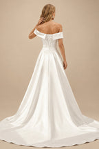 Rutipo Ivory Sheath Off-The-Shoulder Court Train Satin Wedding Dresses With Detachable Train