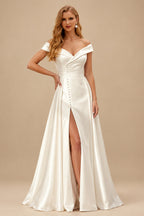 Rutipo Ivory Sheath Off-The-Shoulder Court Train Satin Wedding Dresses With Detachable Train