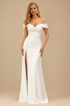 Rutipo Ivory Sheath Off-The-Shoulder Court Train Satin Wedding Dresses With Detachable Train