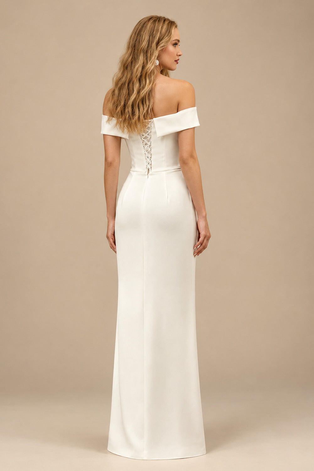 Rutipo Ivory Sheath Off-The-Shoulder Court Train Satin Wedding Dresses With Detachable Train