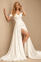 Rutipo Ivory Sheath Off-The-Shoulder Court Train Satin Wedding Dresses With Detachable Train