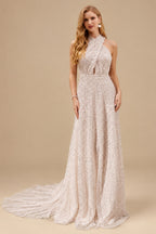 Rutipo As Picture A-Line Halter Sleeveless Sweep Train Sequined Wedding Dresses