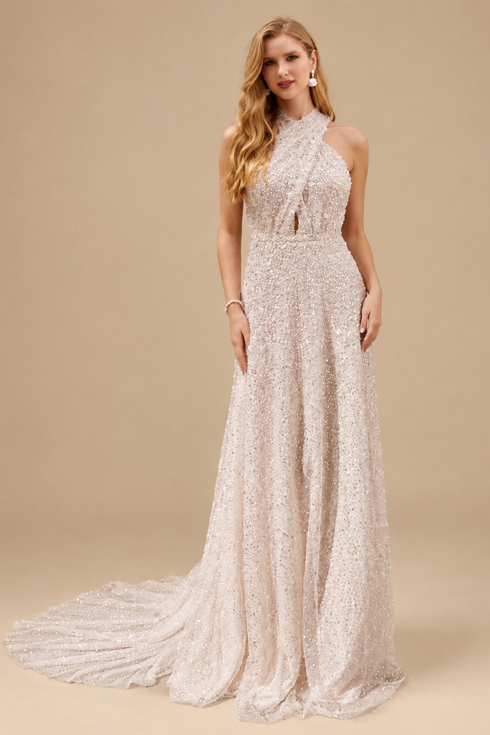 Rutipo As Picture A-Line Halter Sleeveless Sweep Train Sequined Wedding Dresses