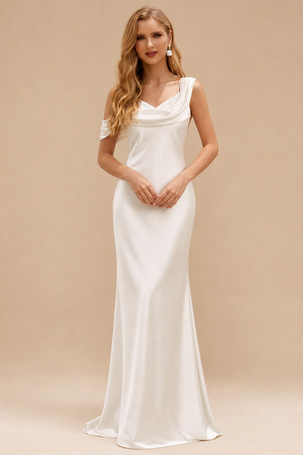 Rutipo Ivory Simple Cowl Neck Silk Like Satin Sheath/Column Wedding Dresses