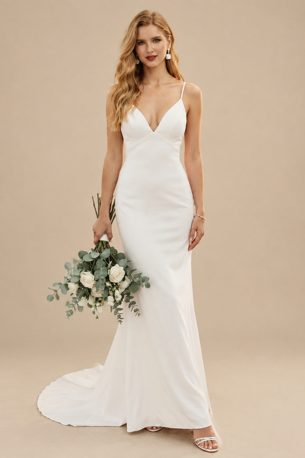 Rutipo Ivory Boho Beach Open Back Charmeuse Wedding Dresses With Spaghetti Straps V-Neck