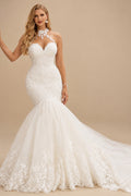 Rutipo Ivory Trumpet/Mermaid Halter Sleeveless Luxury Lace/Tulle Wedding Dresses