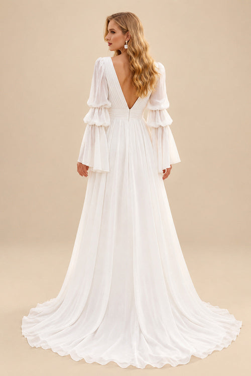 Rutipo Ivory A-Line Illusion Neck Long Sleeves Chiffon Elegant Wedding Dresses With Pleated