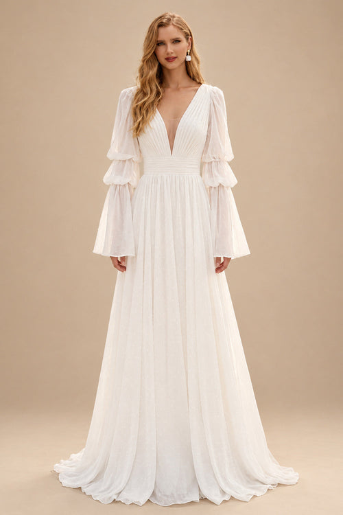 Rutipo Ivory A-Line Illusion Neck Long Sleeves Chiffon Elegant Wedding Dresses With Pleated