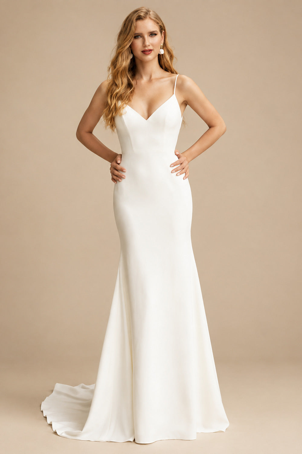 Rutipo Ivory Mermaid V-Neck Sleeveless Sweep Train Elastic Satin Wedding Dresses