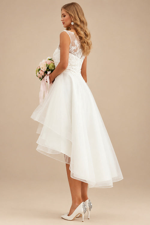 Rutipo Ivory A-Line Illusion Neck Asymmetrical Tulle Wedding Dresses With Appliques Lace