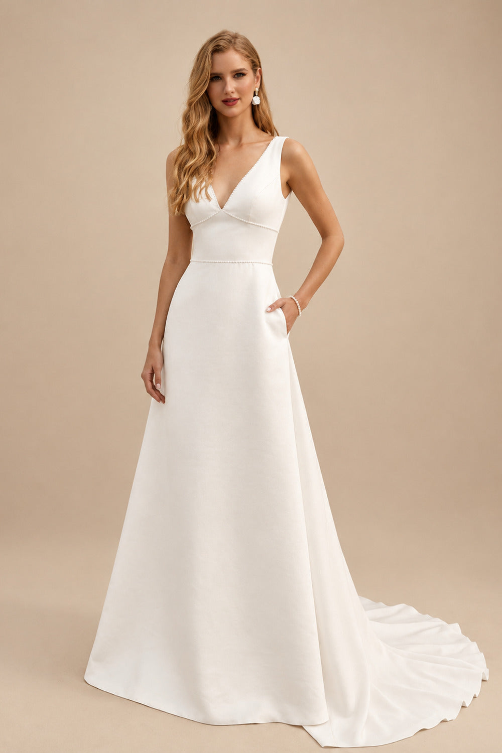 Rutipo Ivory A-Line V-Neck Sleeveless Court Train Satin Wedding Dresses With Bow(s)