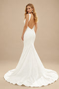 Rutipo Ivory Mermaid Square Neckline Sleeveless Sweep Train Elastic Satin Wedding Dresses