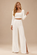 Rutipo Ivory Square Neckline Long Sleeves Floor-Length Wedding Jumpsuit