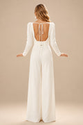 Rutipo Ivory Square Neckline Long Sleeves Floor-Length Wedding Jumpsuit