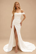 Rutipo Ivory Minimalist Off-The-Shoulder A-Line Silk Like Satin Wedding Dresses With Split Front
