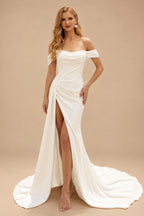 Rutipo Ivory Minimalist Off-The-Shoulder A-Line Silk Like Satin Wedding Dresses With Split Front