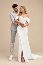 Rutipo Ivory Simple Off-The-Shoulder Sheath/Column Slit Wedding Dresses With Elastic Satin