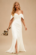 Rutipo Ivory Simple Off-The-Shoulder Sheath/Column Slit Wedding Dresses With Elastic Satin