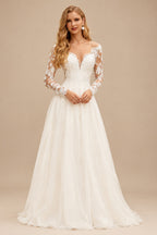 Rutipo Ivory Boho Lace Long Sleeves Princess Wedding Dresses