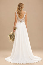 Rutipo Ivory A-Line V-Neck Sleeveless Chiffon/Lace Beach Wedding Dresses With Split Front