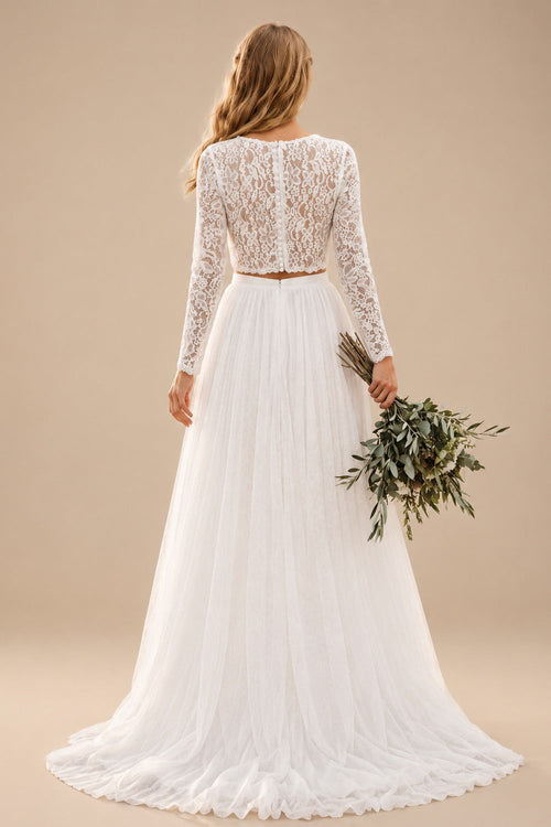 Rutipo Ivory A-Line Scoop Neck Long Sleeves Lace/Tulle Wedding Dresses With Split Front