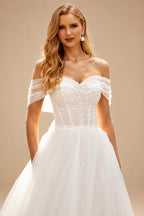 Rutipo Ivory Boho A-Line Off-The-Shoulder Tulle Wedding Dresses With Sequins