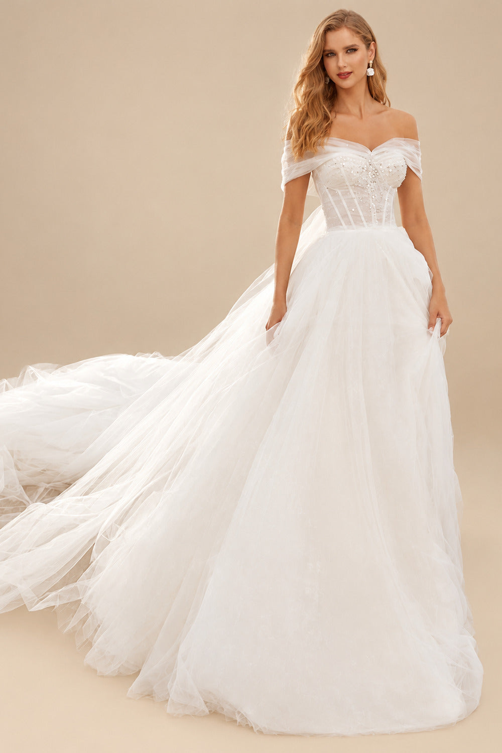 Rutipo Ivory Boho A-Line Off-The-Shoulder Tulle Wedding Dresses With Sequins
