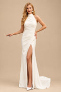 Rutipo Ivory Simple Halter Sheath/Column Chiffon Wedding Dresses With Split Front/Pleated