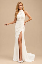 Rutipo Ivory Simple Halter Sheath/Column Chiffon Wedding Dresses With Split Front/Pleated