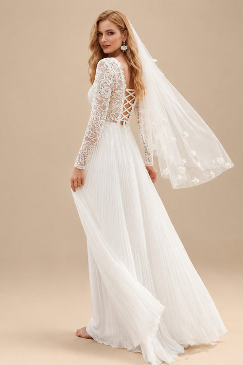 Rutipo Ivory A-Line Long Sleeves Floor-Length Chiffon/Lace Wedding Dresses