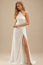 Rutipo Ivory Sheath One-Shoulder Sleeveless Sweep Train Sequined Wedding Dresses With Split Front