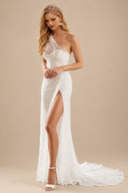 Rutipo Ivory Sheath One-Shoulder Sleeveless Sweep Train Sequined Wedding Dresses With Split Front