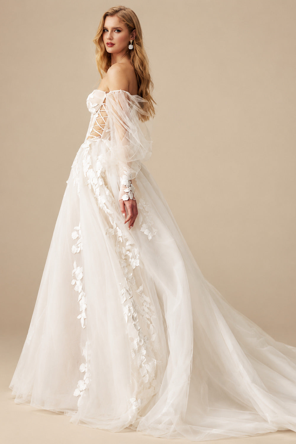 Rutipo As Picture Boho Lace Tulle Off-The-Shoulder Long Sleeves Wedding Dresses