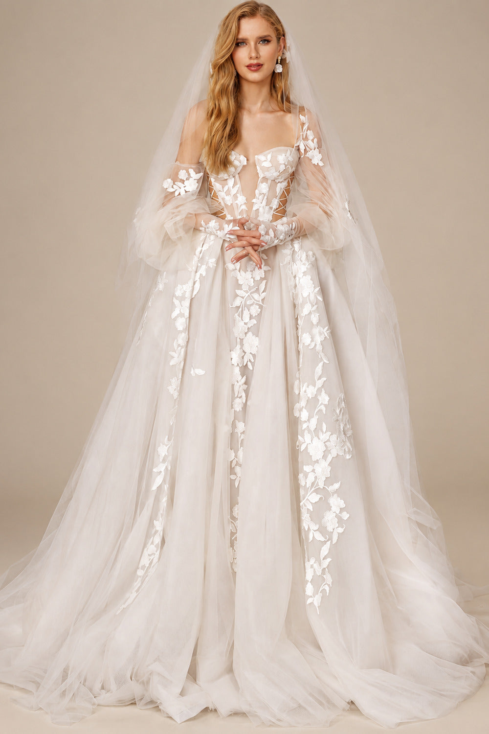 Rutipo As Picture Boho Lace Tulle Off-The-Shoulder Long Sleeves Wedding Dresses