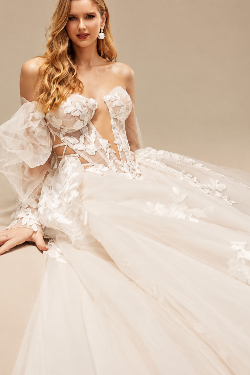Rutipo As Picture Boho Lace Tulle Off-The-Shoulder Long Sleeves Wedding Dresses