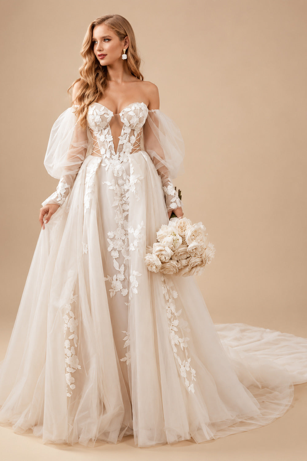 Rutipo Ivory Boho Lace Tulle Off-The-Shoulder Long Sleeves Wedding Dresses