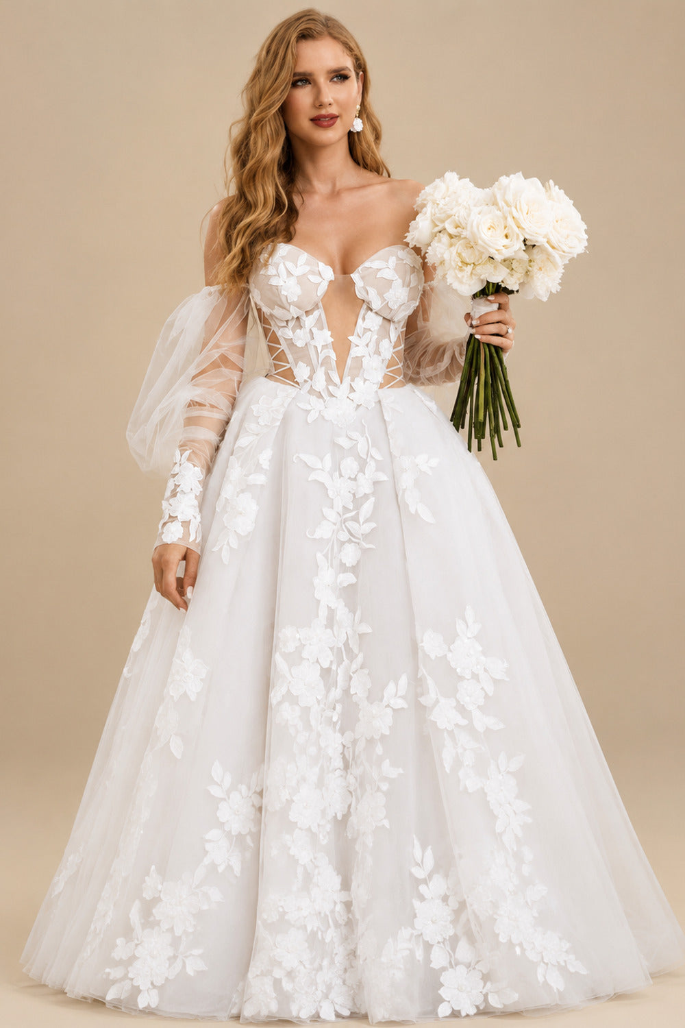 Rutipo Ivory Boho Lace Tulle Off-The-Shoulder Long Sleeves Wedding Dresses