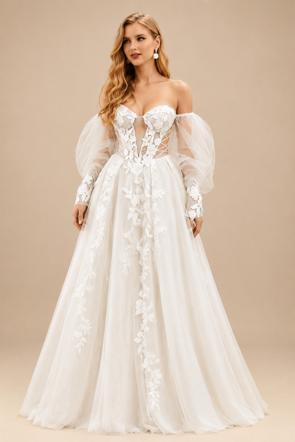 Rutipo Ivory Boho Lace Tulle Off-The-Shoulder Long Sleeves Wedding Dresses