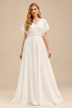 Rutipo Ivory Boho Lace Tulle Off-The-Shoulder Long Sleeves Wedding Dresses
