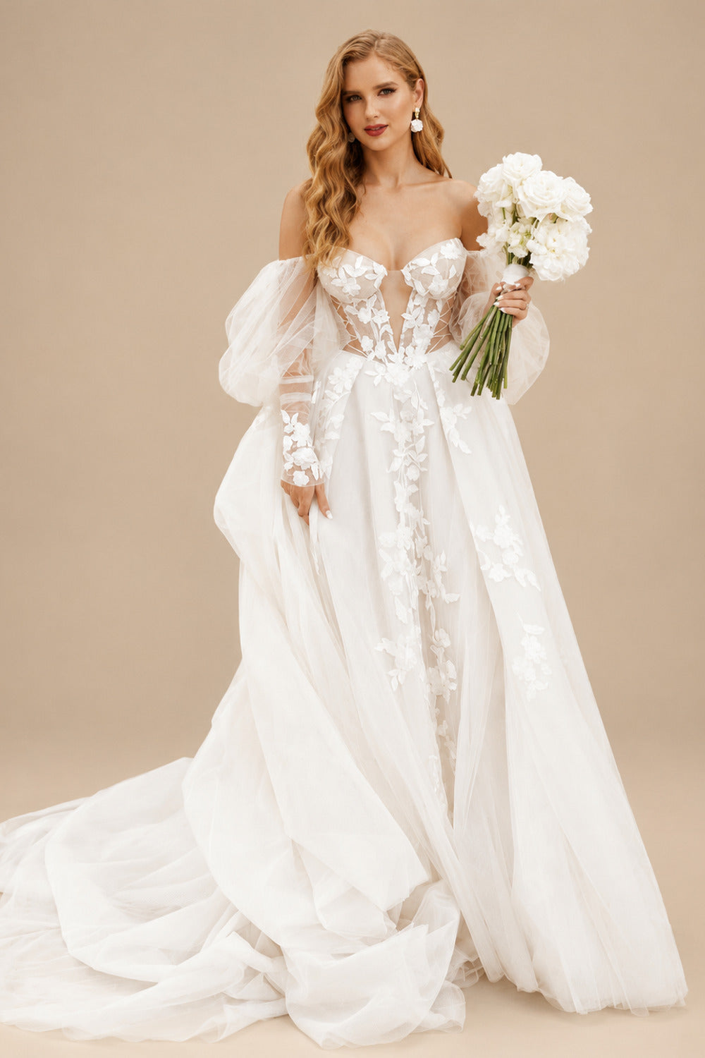 Rutipo Ivory Boho Lace Tulle Off-The-Shoulder Long Sleeves Wedding Dresses