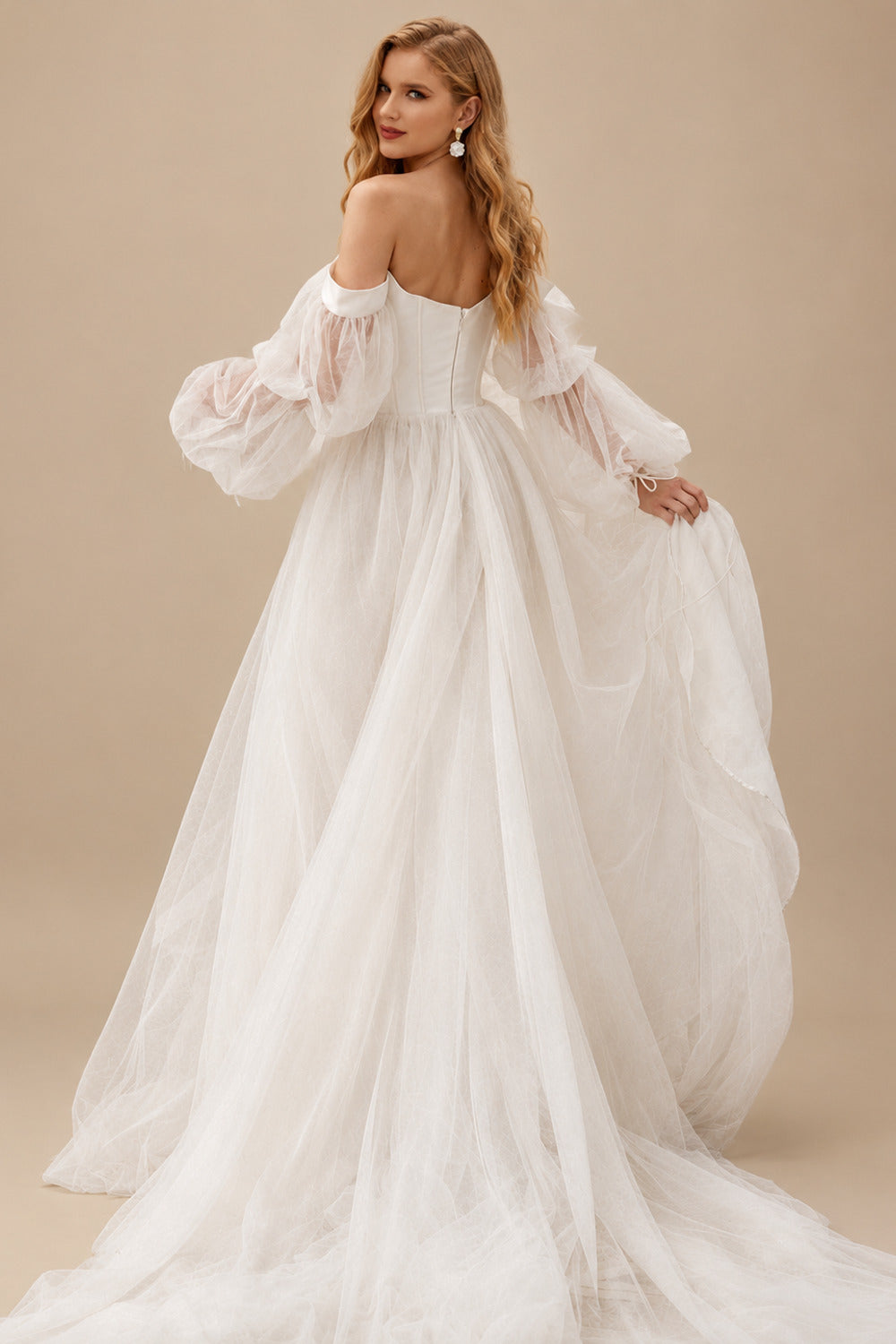 Rutipo Ivory Boho Tulle Off-The-Shoulder Long Sleeves A-Line Wedding Dresses