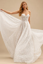 Rutipo Ivory Sparkly Sequined Sweetheart Lace A-Line Wedding Dresses