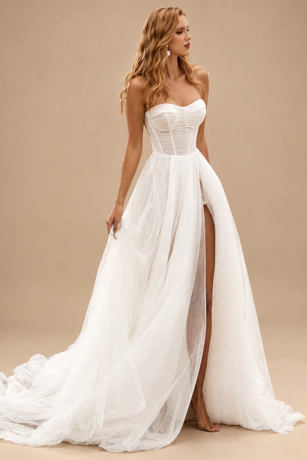 Rutipo Ivory Boho Beach Tulle A-Line Slit Wedding Dresses