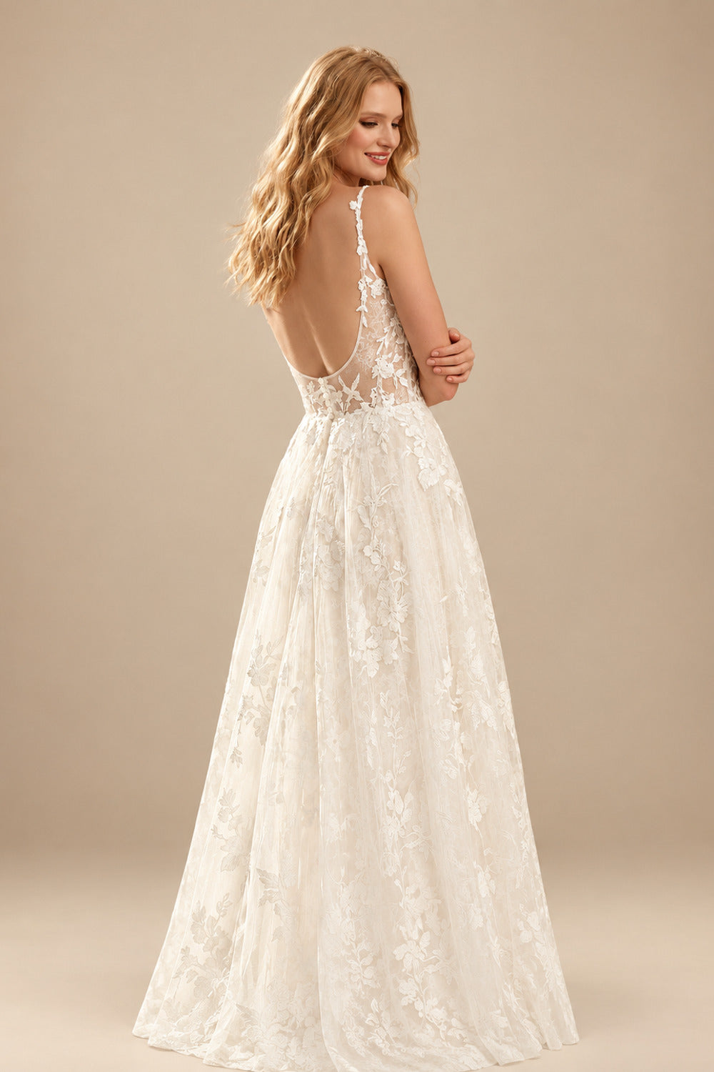 Rutipo Ivory A-Line V-Neck Sleeveless Sweep Train Lace Wedding Dresses