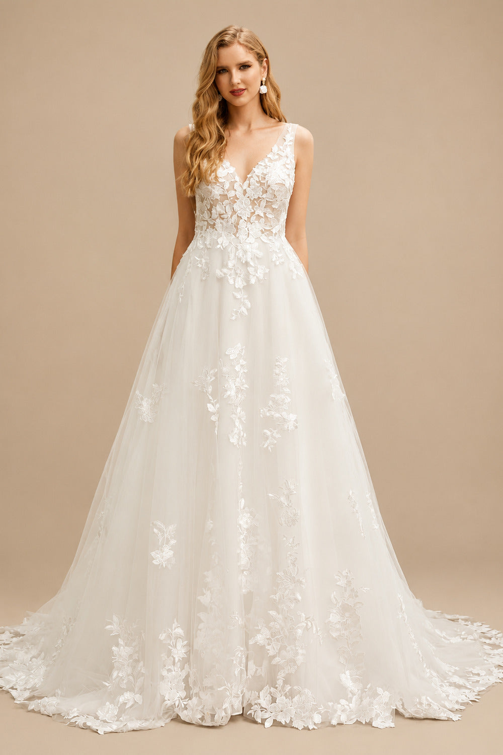 Rutipo Ivory A-Line V-Neck Sleeveless Sweep Train Lace Wedding Dresses