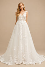 Rutipo Ivory A-Line V-Neck Sleeveless Sweep Train Lace Wedding Dresses