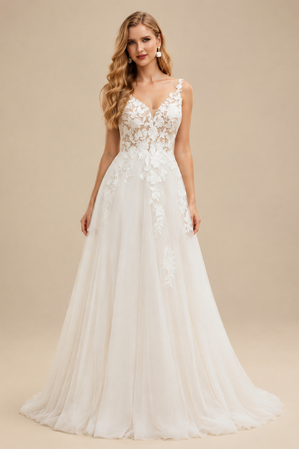 Rutipo Ivory A-Line V-Neck Sleeveless Sweep Train Lace Wedding Dresses